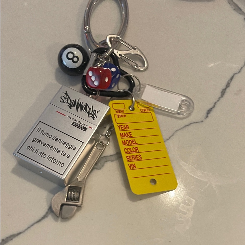 Novelty Keychain Set with Dice, 8-Ball & Yellow Tag